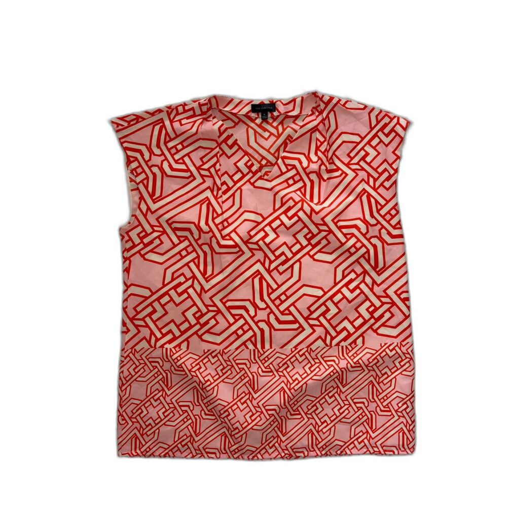 The Limited Geometric Maze V-Neck Cap Sleeve Top Pink Red